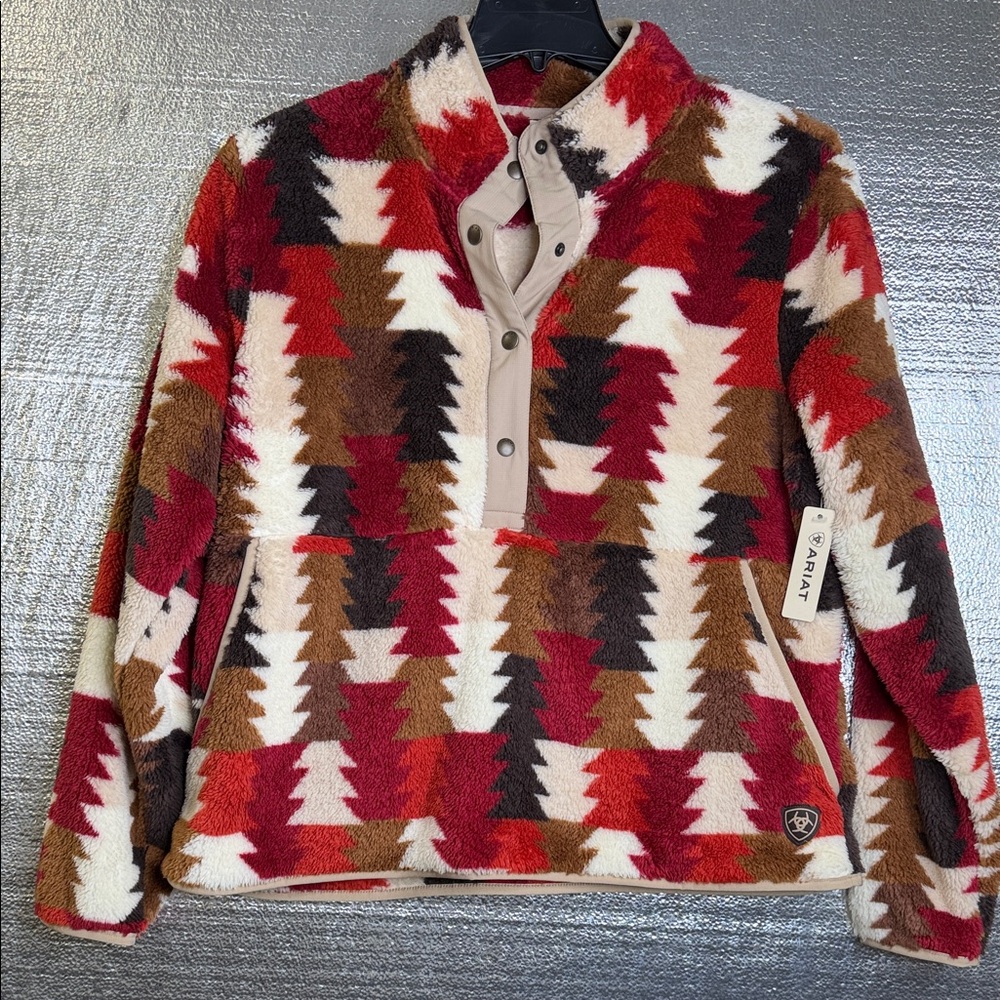 Ariat Geometric Berber Pullover in Red, Brown, and Cream with Kangaroo Pocket